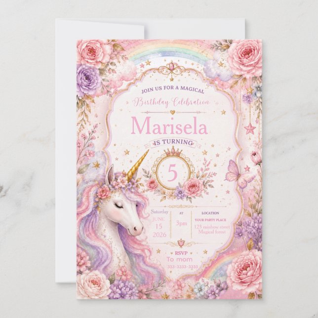 Invitación de cumpleaños de Unicornio Mágico | Ros (Anverso)