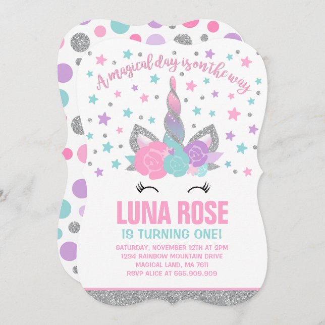 Invitación de cumpleaños de unicornio mágico rosa  (Anverso / Reverso)
