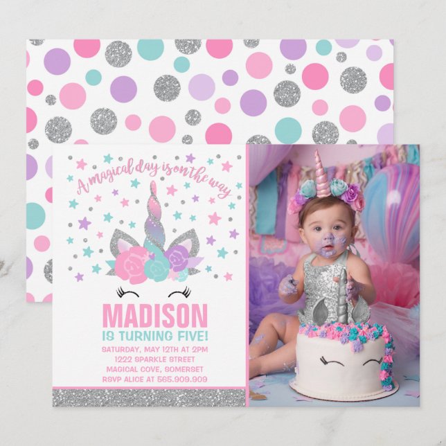 Invitación de cumpleaños de unicornio mágico rosa  (Anverso / Reverso)