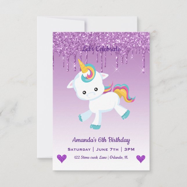Invitación de cumpleaños de Unicornio Mágico y Cor (Anverso)