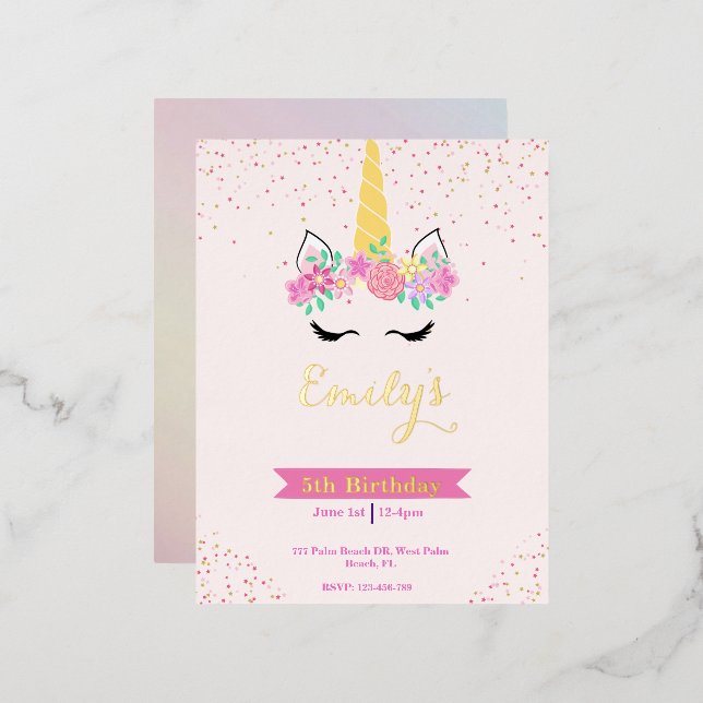 Invitación de cumpleaños de Unicornio moderno Gold (Anverso/Reverso)