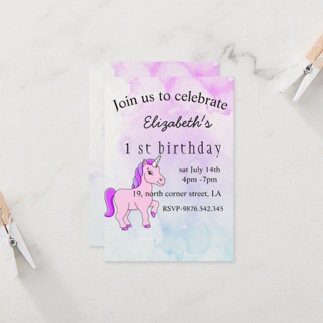invitación de cumpleaños de unicornio morado mágic (Anverso/Reverso In Situ)