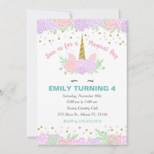 Invitación de cumpleaños de Unicornio morado rosad