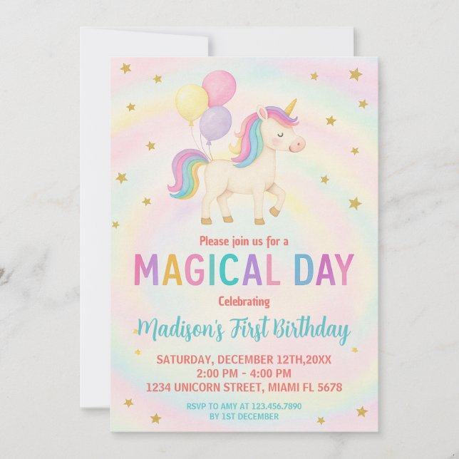 Invitación de cumpleaños de unicornio morado y Ver (Anverso)