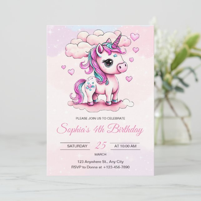 Invitación de cumpleaños de unicornio, niñas de un (Anverso de pie)