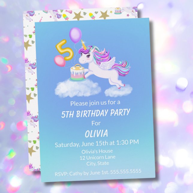 Invitación de cumpleaños de unicornio número 5 con (Subido por el creador)
