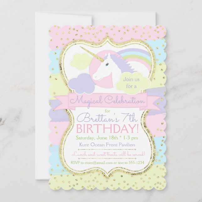 Invitación de cumpleaños de Unicornio Oro Púrpura  (Anverso)