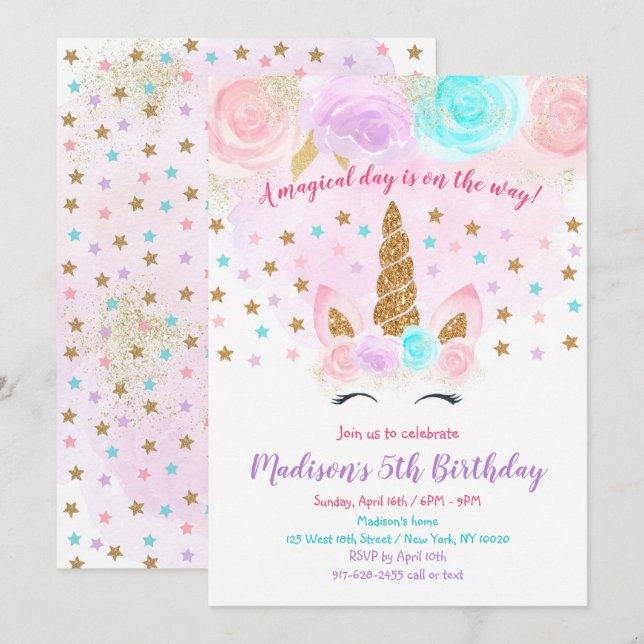 Invitación de cumpleaños de unicornio Oro rosa mág (Anverso / Reverso)