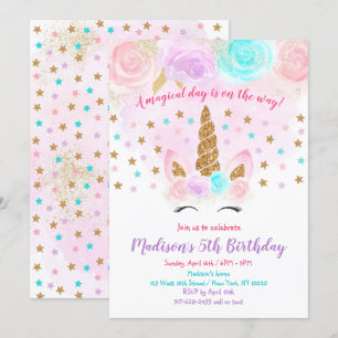 Invitación de cumpleaños de unicornio Oro rosa mág