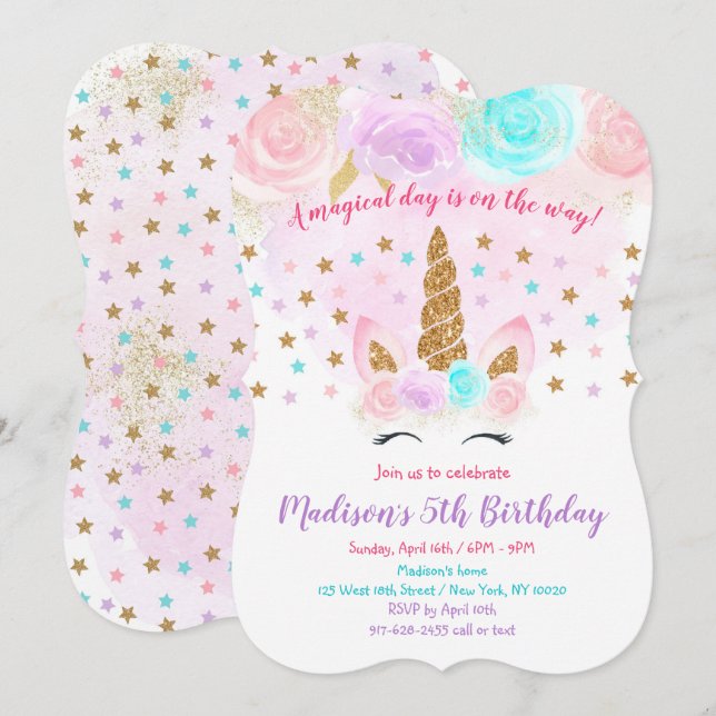 Invitación de cumpleaños de unicornio Oro rosa mág (Anverso / Reverso)