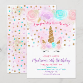 Invitación de cumpleaños de unicornio Oro rosa mág