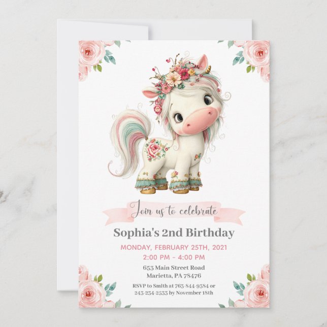 Invitación de cumpleaños de unicornio para bebé ni (Anverso)