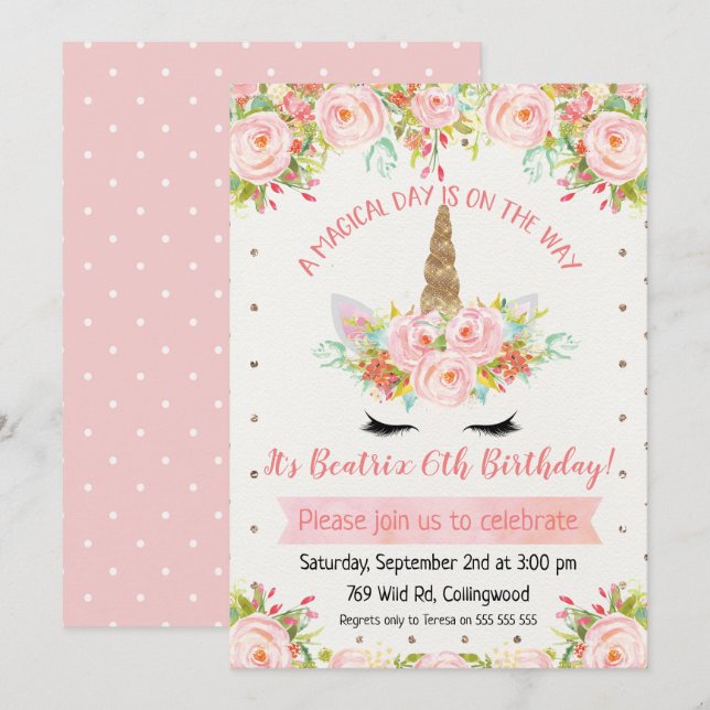 Invitación de cumpleaños de unicornio para chicas (Anverso / Reverso)