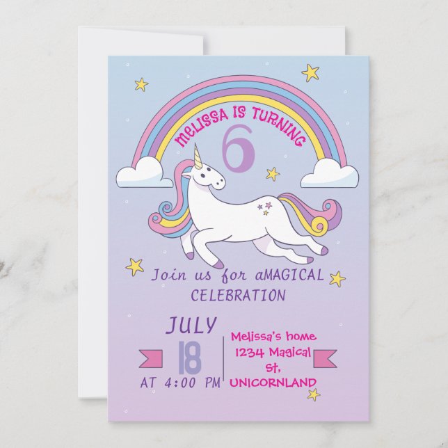 Invitación de cumpleaños de Unicornio para Chicas (Anverso)