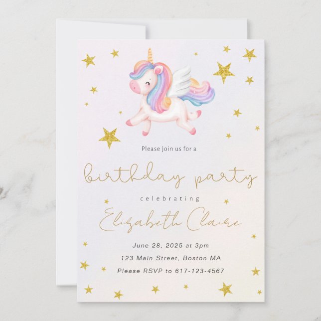 Invitación de cumpleaños de unicornio para chicas (Anverso)