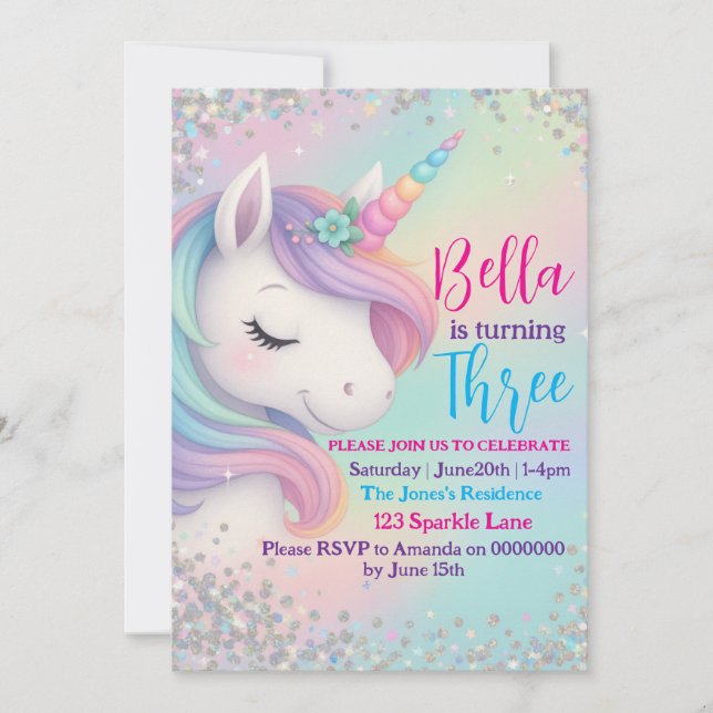 Invitación de cumpleaños de Unicornio para el Past (Anverso)
