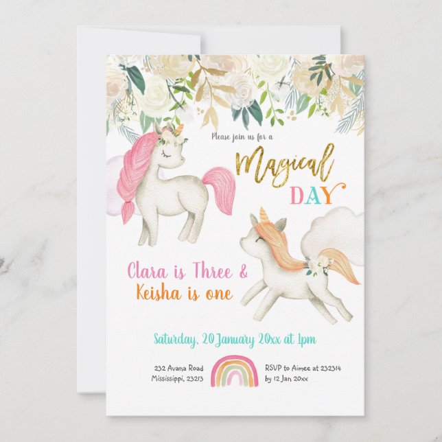 Invitación de cumpleaños de Unicornio para mellizo (Anverso)