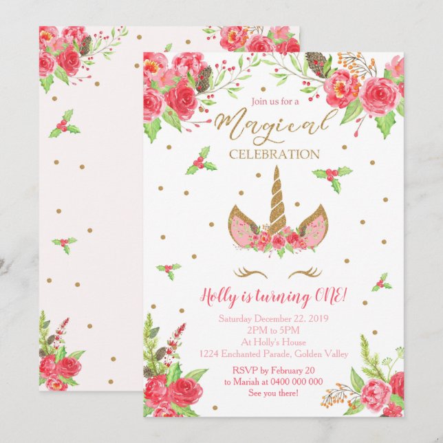Invitación de cumpleaños de unicornio para navidad (Anverso / Reverso)