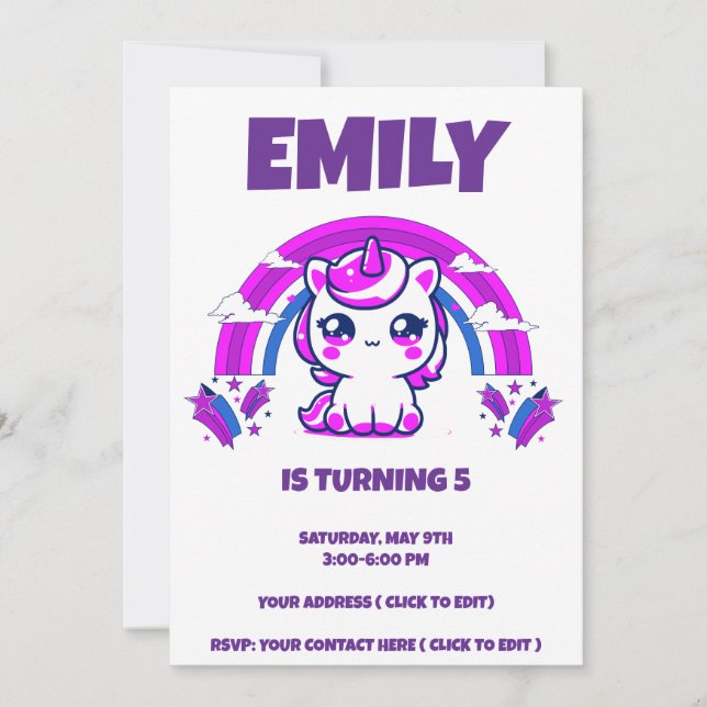 Invitación de cumpleaños de unicornio para niña |  (Anverso)