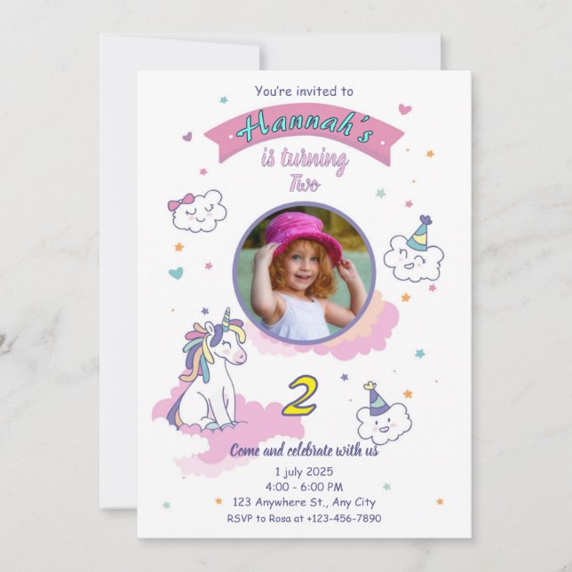 Invitación de cumpleaños de unicornio para niña (Anverso)