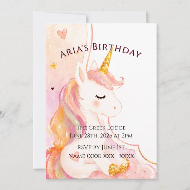 Invitación de cumpleaños de unicornio para niñas l (Anverso)