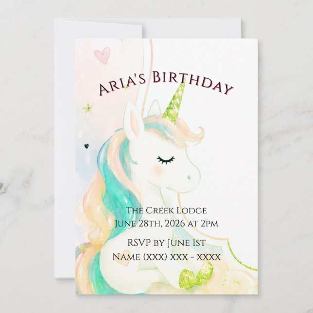 Invitación de cumpleaños de unicornio para niñas l (Anverso)
