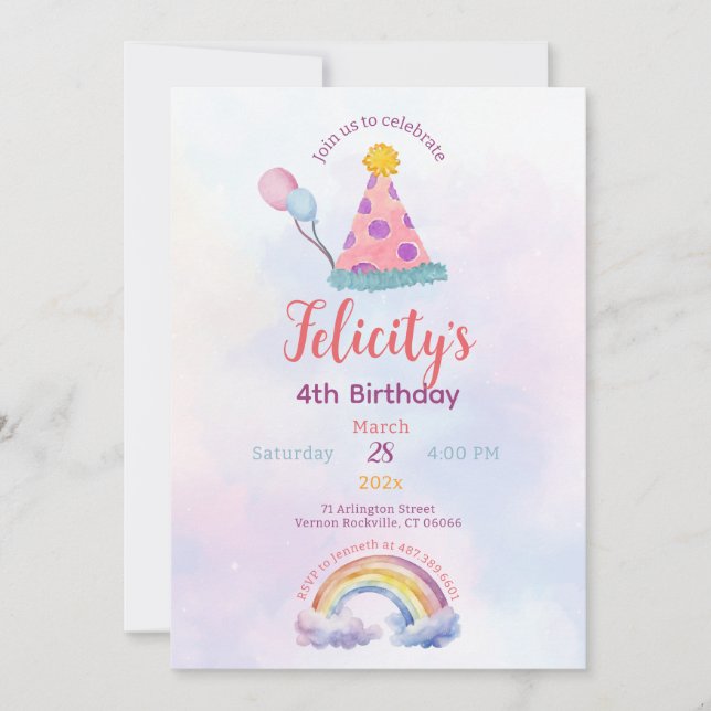 Invitación de cumpleaños de Unicornio Pastel Arcoí (Anverso)