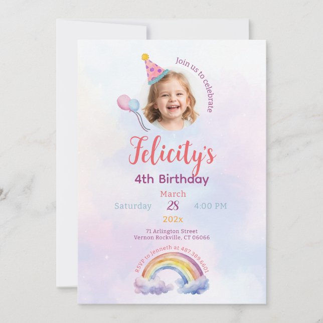 Invitación de cumpleaños de unicornio pastel arcoí (Anverso)