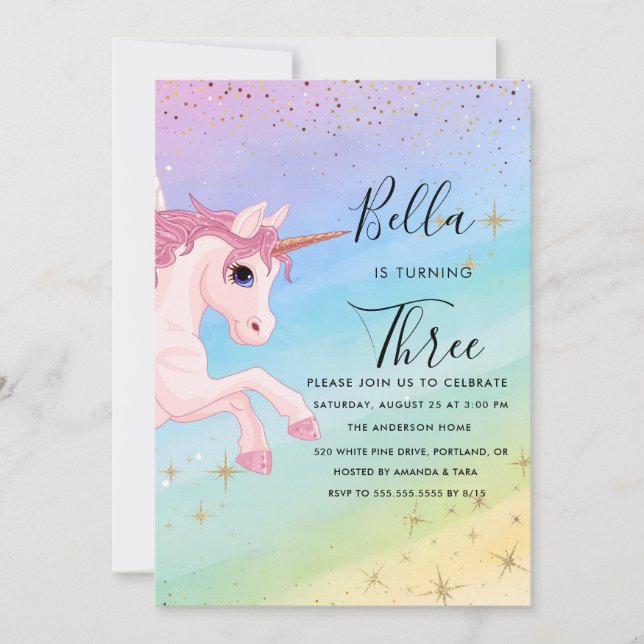 Invitación de cumpleaños de Unicornio Pastel Fiest (Anverso)
