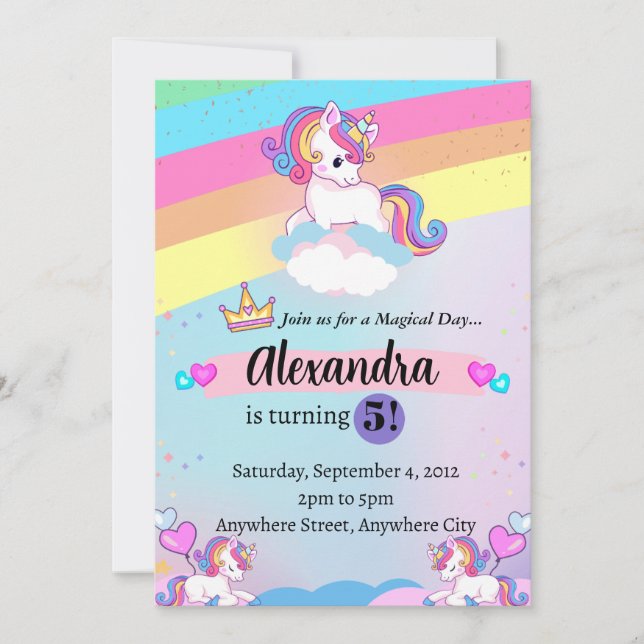 Invitación de cumpleaños de Unicornio Pastel Fiest (Anverso)