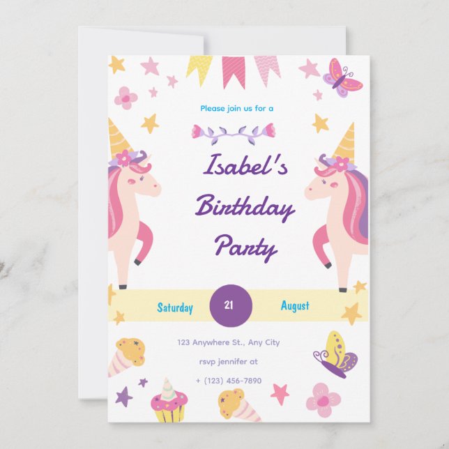Invitación de cumpleaños de Unicornio por capricho (Anverso)