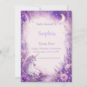 Invitación de cumpleaños de unicornio púrpura mági