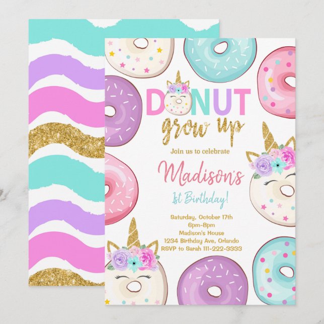 Invitación de cumpleaños de unicornio purpurina (Anverso / Reverso)