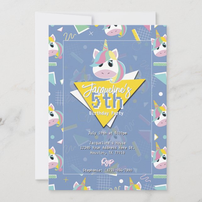 Invitación de cumpleaños de unicornio retro morado (Anverso)