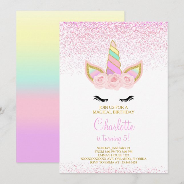 Invitación de cumpleaños de Unicornio rosa (Anverso / Reverso)