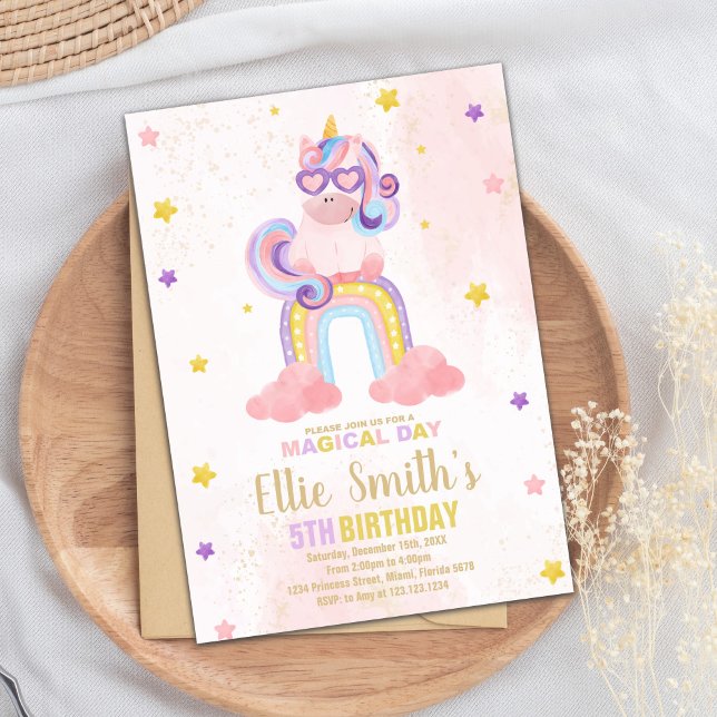 Invitación de cumpleaños de Unicornio rosa de colo (Watercolor Pink Unicorn Birthday Invitations)