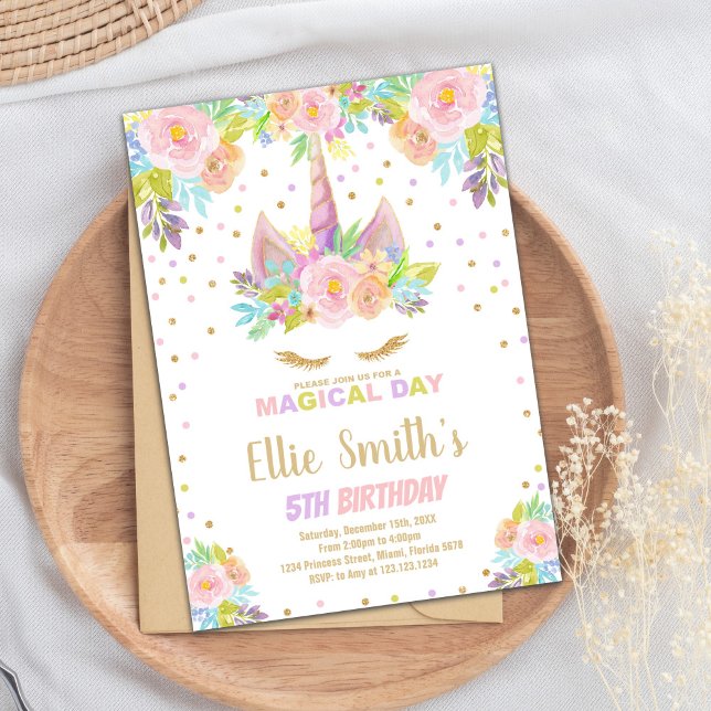 Invitación de cumpleaños de Unicornio rosa floral (Floral Pink Unicorn Birthday Invitations)