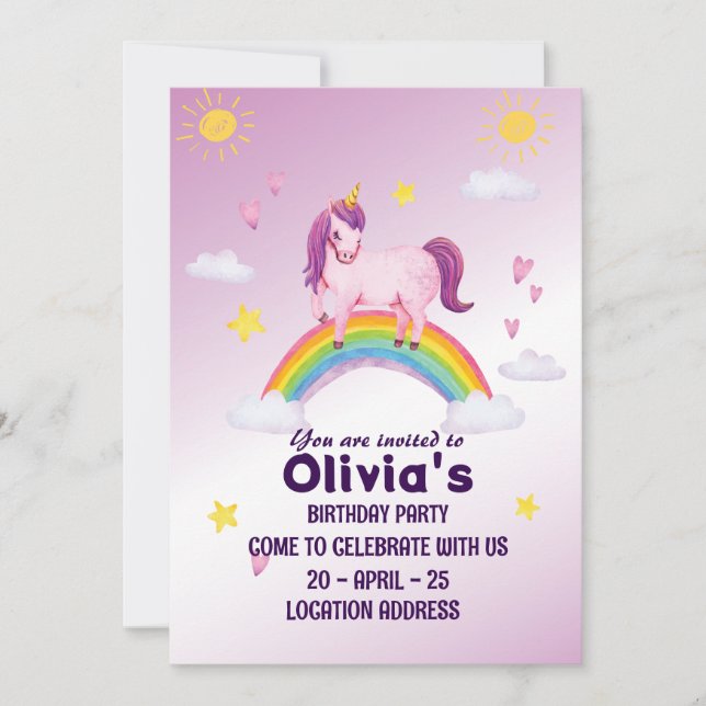 Invitación de cumpleaños de Unicornio rosa lindo (Anverso)