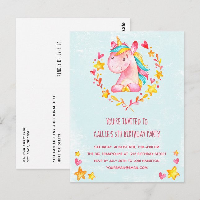 Invitación de cumpleaños de unicornio rosa mágico (Anverso / Reverso)