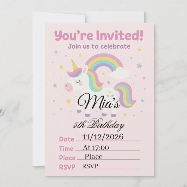 Invitación de Cumpleaños de Unicornio Rosa Mágico  (Anverso)