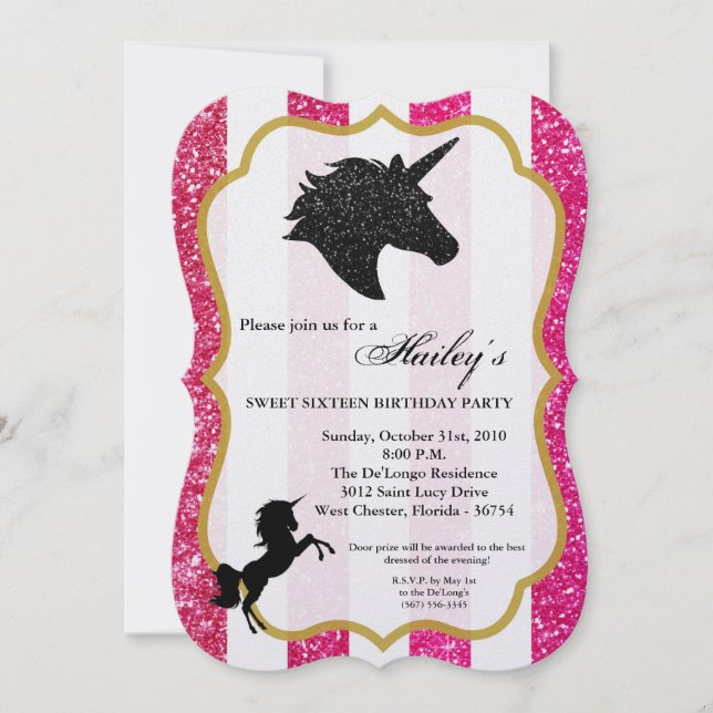 Invitación de cumpleaños de unicornio rosa purpuri (Anverso)