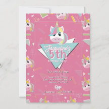 Invitación de cumpleaños de Unicornio rosa retro c