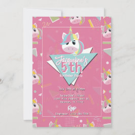 Invitación de cumpleaños de Unicornio rosa retro c