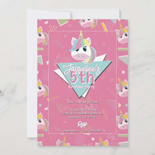 Invitación de cumpleaños de Unicornio rosa retro c (Anverso)