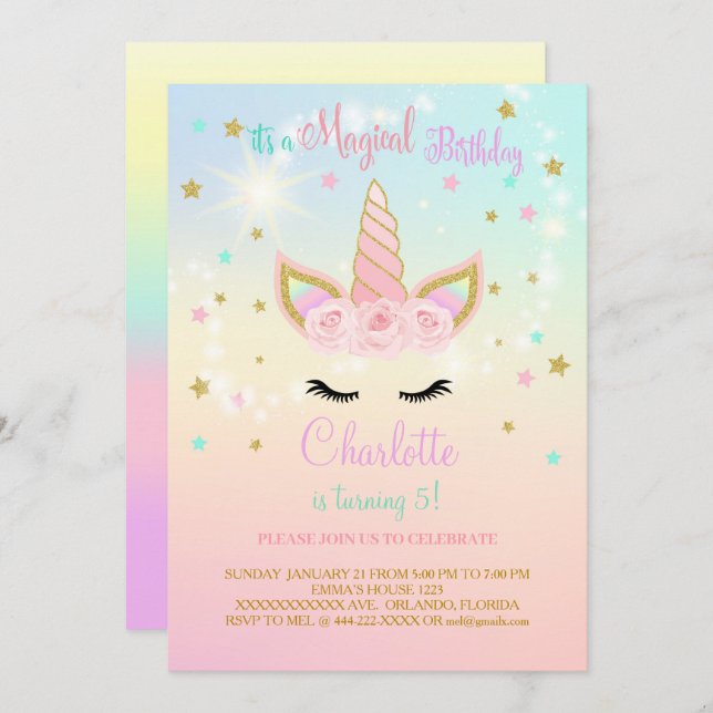 Invitación de cumpleaños de unicornio rosa y azul  (Anverso / Reverso)