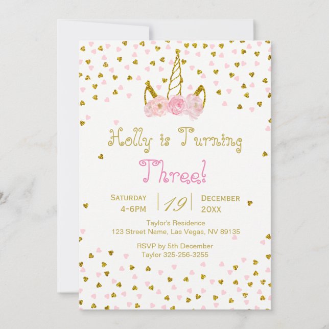 Invitación de cumpleaños de Unicornio rosa y dorad (Anverso)