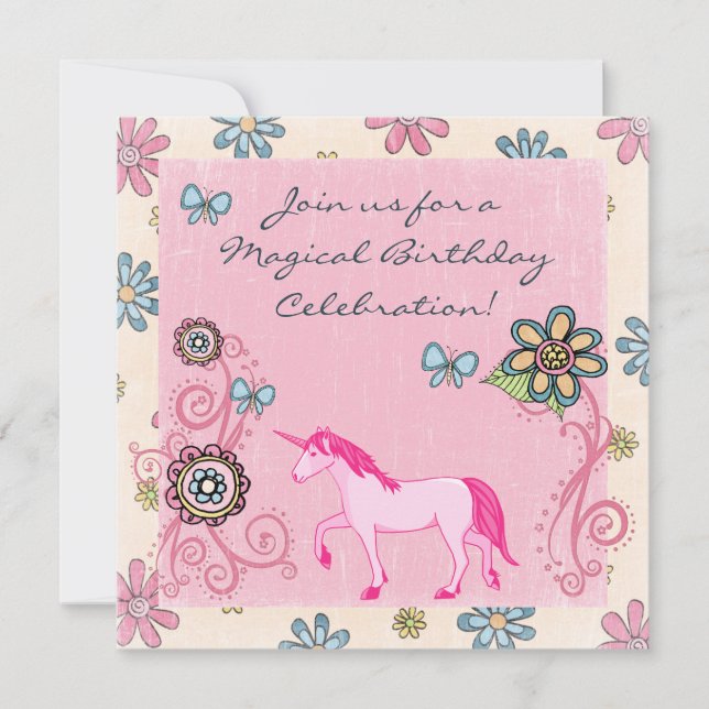 Invitación de cumpleaños de Unicornio rosa y flore (Anverso)