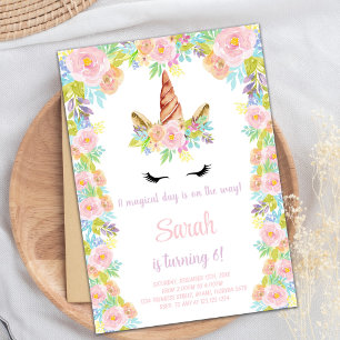 Invitación de cumpleaños de Unicornio rosa y morad