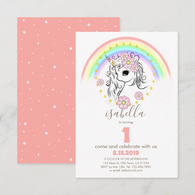 Invitación de cumpleaños de Unicornio Rosado de Ru (Anverso / Reverso)