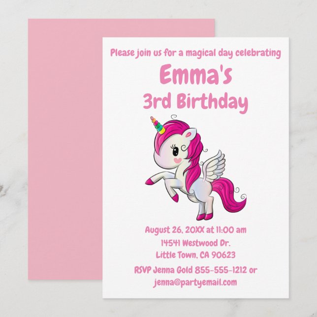 Invitación de cumpleaños de Unicornio - Super Cute (Anverso / Reverso)